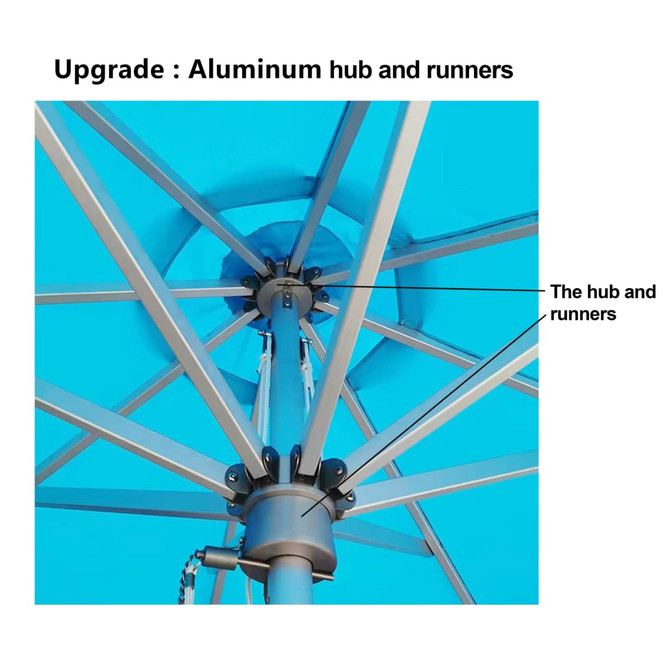 A blue commercial market umbrella featuring an aluminium hub and runners, showcasing its sturdy construction.