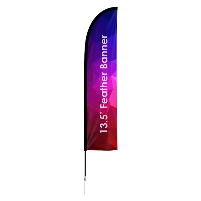A large straight feather banner featuring a gradient of purple and pink colours with a black pole. It has a logo. A large straight feather banner featuring a gradient of purple and pink colours with a black pole. It has a logo.