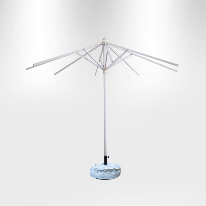 A market umbrella with a blue canopy and a white frame, featuring a weighted base for stability.