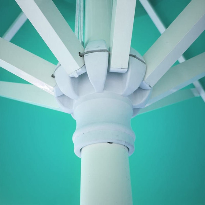 A white market umbrella with a teal canopy, showcasing its structural framework and pole features.