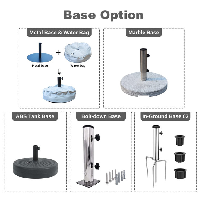 Base options for market umbrellas, including metal, marble, ABS tank, bolt-down, and in-ground bases in various colours.
