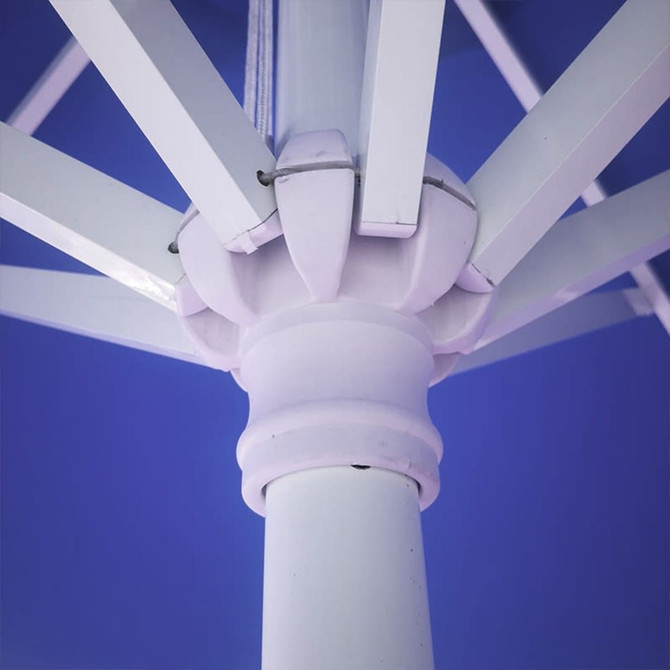 A close-up of a round umbrella with a white frame and vibrant blue canopy, featuring a central support structure.