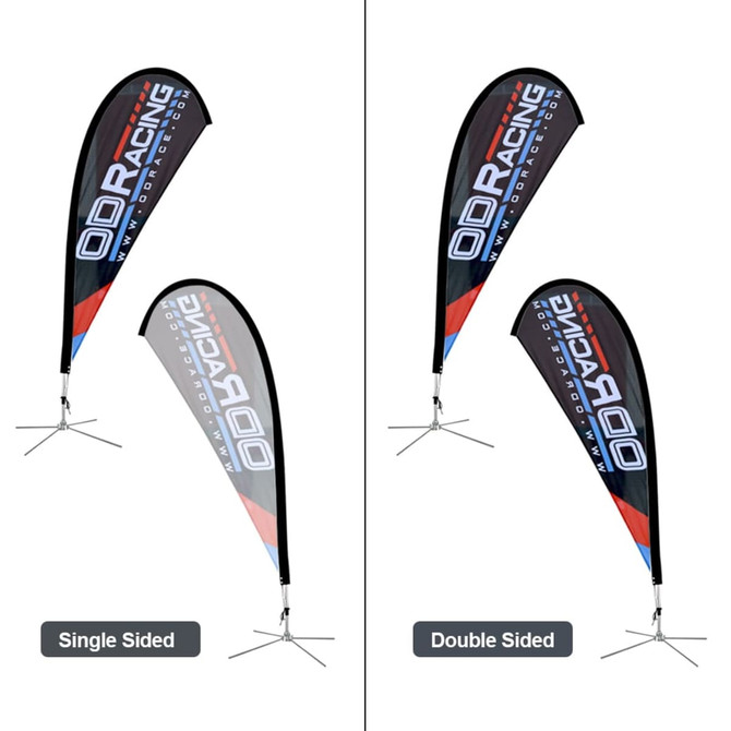 Teardrop banners in black with red accents, featuring a logo and available in single-sided and double-sided options. Teardrop banners in black with red accents, featuring a logo and available in single-sided and double-sided options.