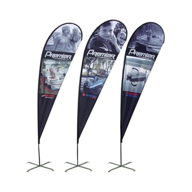 Three medium teardrop banners in blue and black featuring promotional images and a logo, mounted on stands. Three medium teardrop banners in blue and black featuring promotional images and a logo, mounted on stands.