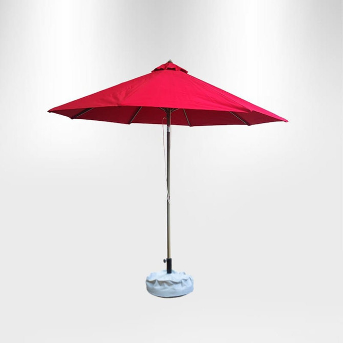 A red 2.7x2.7m tilting patio umbrella with a white base, featuring a pole and a logo on the canopy.