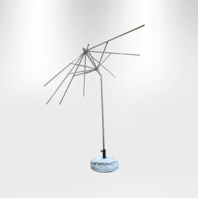 A patio umbrella with a silver frame and a blue base, featuring a tilting mechanism for adjustable positioning.