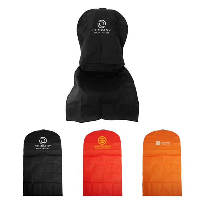 A non-woven car seat cover set in black, red, and orange, featuring various logos.