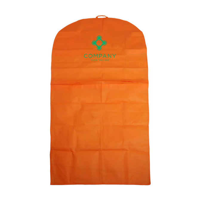 An orange non-woven car seat cover featuring a logo at the top. It has a hanging loop for easy storage.