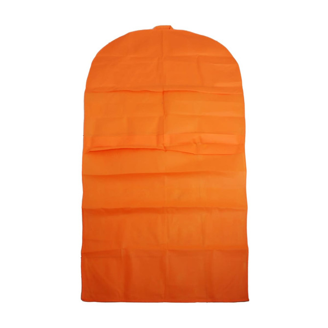 An orange non-woven car seat cover with multiple folds and a rounded top. It has a simple design and includes a logo.