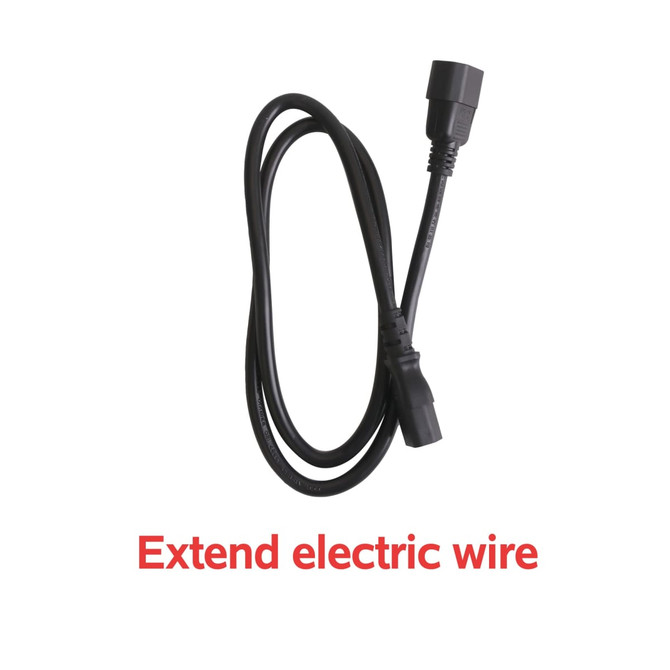 A black electric extension wire with connectors at both ends, laid against a white background. A black electric extension wire with connectors at both ends, laid against a white background.