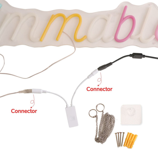 A collection of LED sign connectors in various colours, including yellow, pink, and white, with mounting accessories.