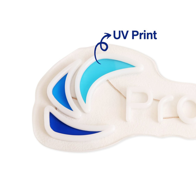 A UV colour printed design featuring blue and aqua waves on a white background, with a branding logo included. A UV colour printed design featuring blue and aqua waves on a white background, with a branding logo included.