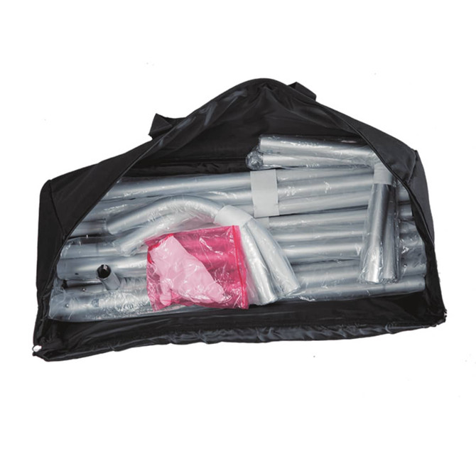 A black carrying bag containing grey fabric display poles and a pink accessory pouch.