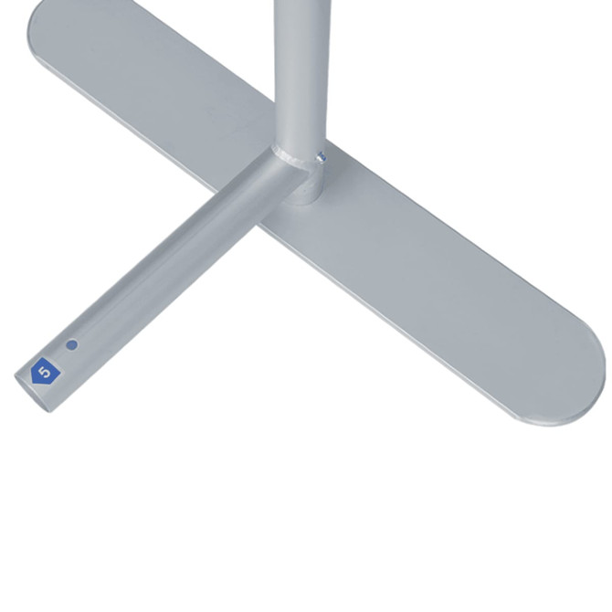 A silver base of a tension fabric display wall featuring a sturdy flat footing for stability.