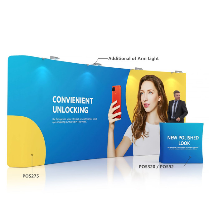 Curved tension fabric display wall with a blue and yellow design, featuring a model holding a smartphone and a promotional counter. Curved tension fabric display wall with a blue and yellow design, featuring a model holding a smartphone and a promotional counter.