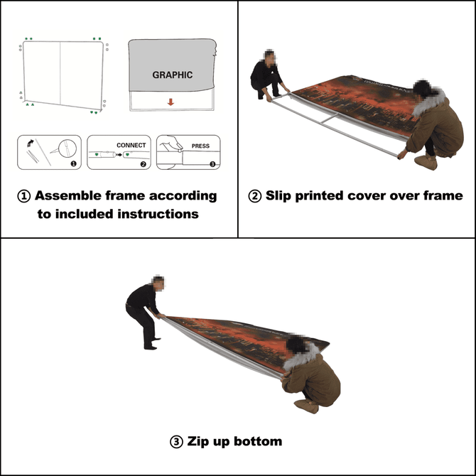 A straight tension fabric display wall with a vibrant design, shown being assembled and positioned by two people.