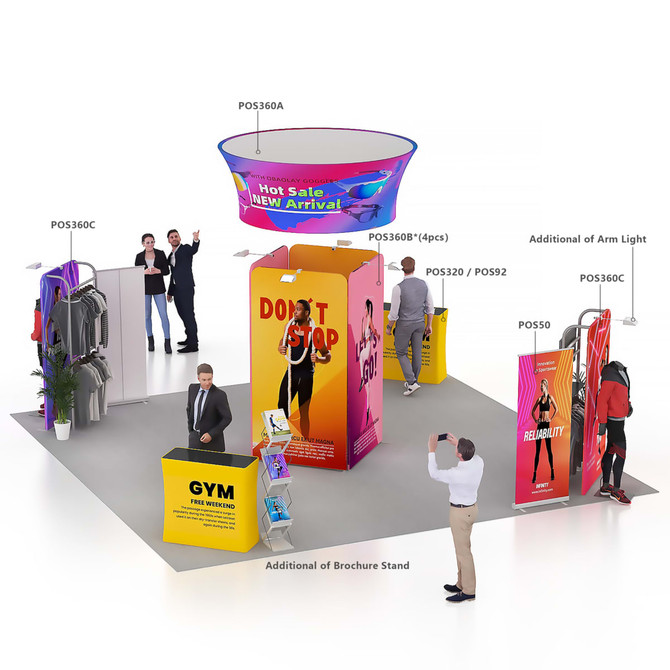 A vibrant merchandise display featuring various stand designs, clothing, and promotional materials in multiple colours.