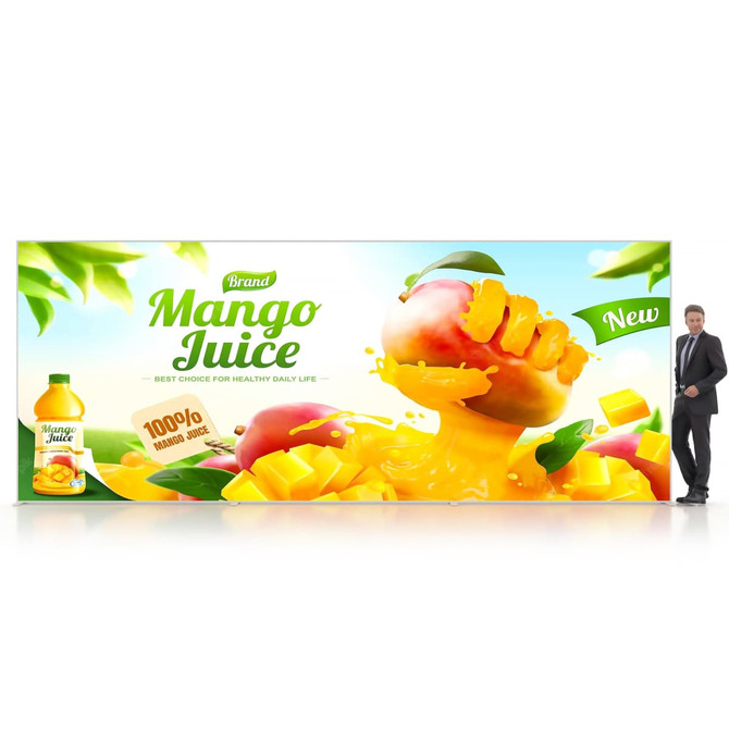 A vibrant promotional display featuring mango juice, with splashes of juice and mango pieces, alongside a branding logo.