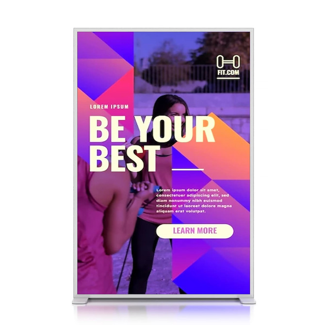 A tall backlit LED light box display featuring a vibrant purple and pink design with an abstract image and branding.