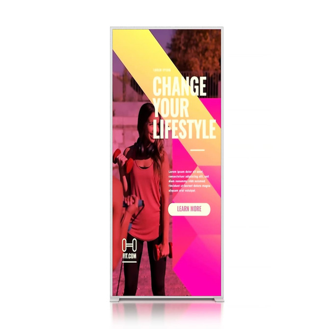 A SEG backlit LED light box display with vibrant pink and yellow graphics featuring a fitness theme and branding.