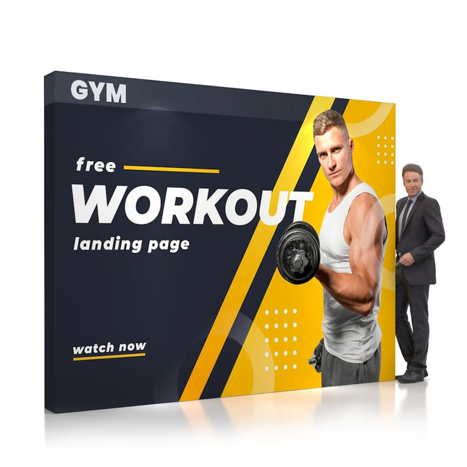 A large pop-up display wall featuring a muscular man holding a dumbbell, with a black and yellow design and branding.