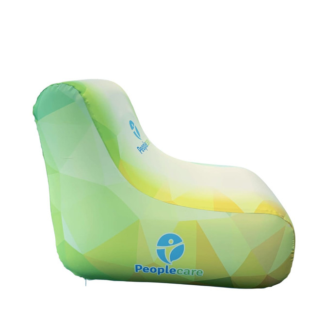 An inflatable lounge chair in green and yellow hues, featuring a logo. Ideal for leisure and outdoor use.