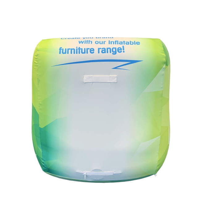 An inflatable lounge chair in vibrant green and blue shades, featuring a logo on the top.