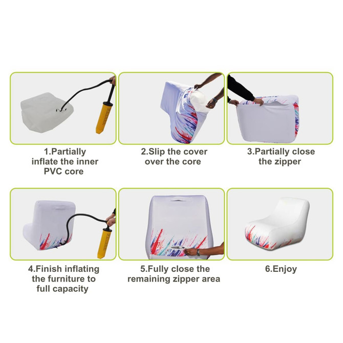 An inflatable lounge chair in white with colourful accents, featuring steps for inflation and setup.