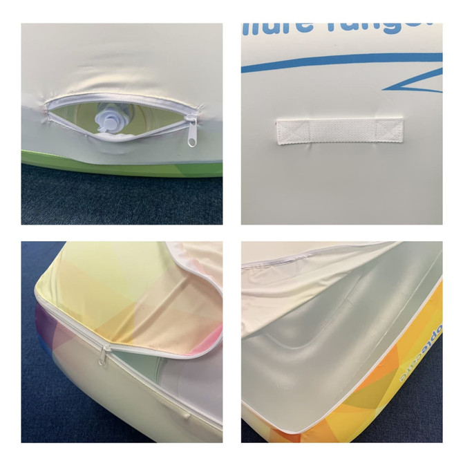 An inflatable lounge chair with various sections, featuring an air valve, a Velcro strap, and multicoloured design elements.