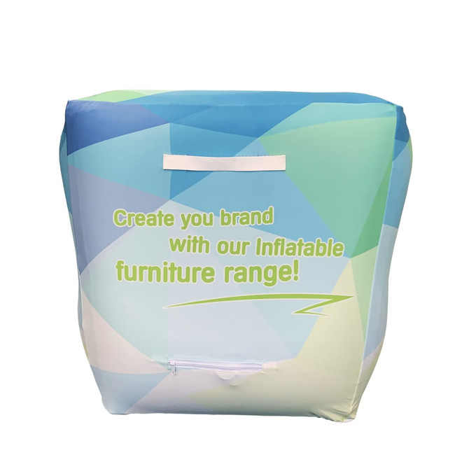 An inflatable one-seat sofa in shades of blue and green with a logo or branding on it.