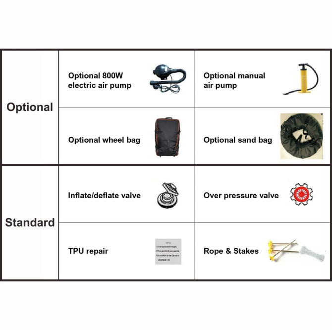 A table displaying features of the 3x3m Inflatable Marquee, including optional and standard accessories in black and white.