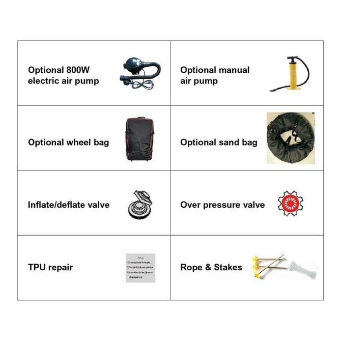 A selection of accessories for a marquee, including air pumps, a wheel bag, a sand bag, and inflation tools, all on a white background.