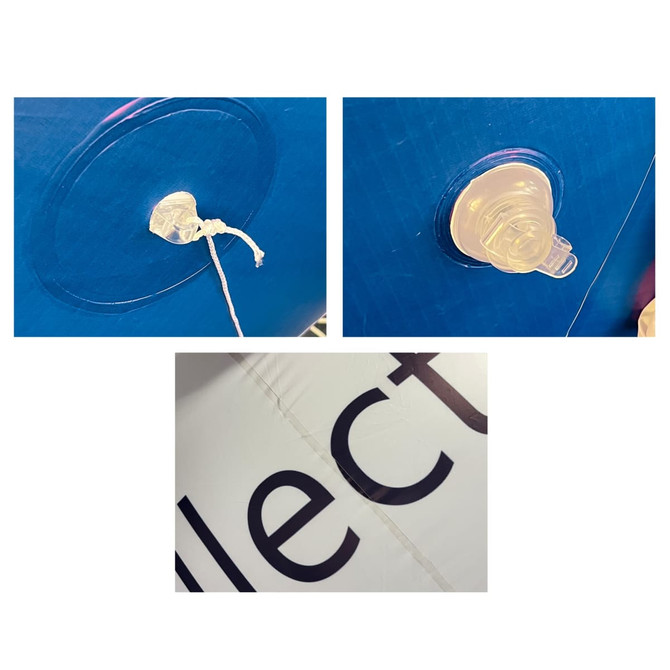 A blue inflatable advertising balloon with clear valve attachments for inflation and deflation.