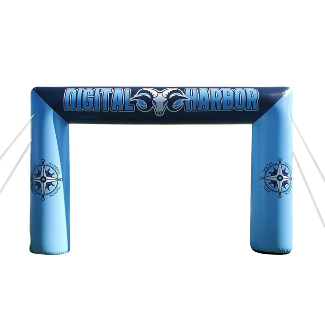 An inflatable event arch in blue featuring a central logo and designs on the side. Suitable for exhibitions and events.