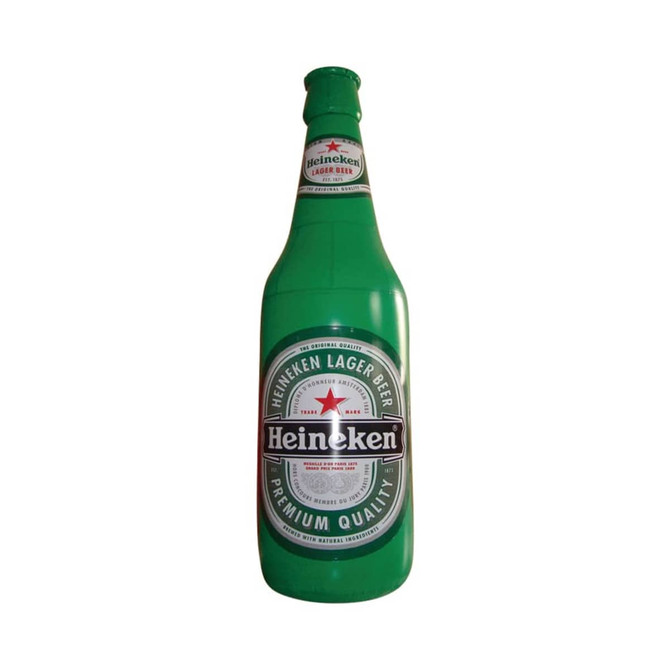 A green inflatable beer bottle with a label featuring brand markings, resembling a traditional beer bottle.