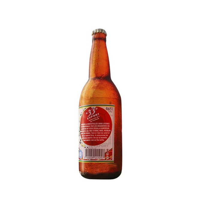 An inflatable beer bottle in amber colour with a label and a metallic cap. It features a logo on the bottle.