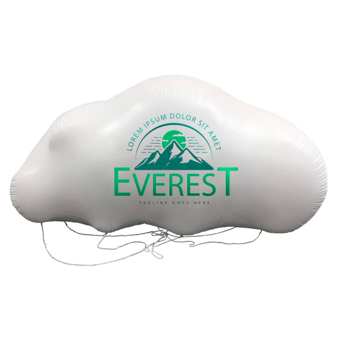 An inflatable white cloud balloon with a logo featuring green mountains and text. It has attached strings for stability.