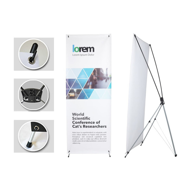 A medium X-frame banner in white with a black frame, featuring hardware components on the side.