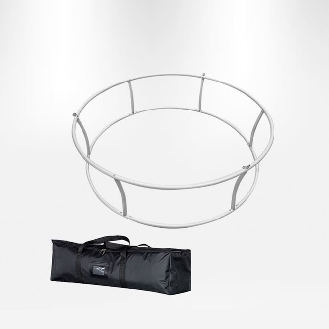 A round hanging banner frame in silver colour, accompanied by a black carry bag.