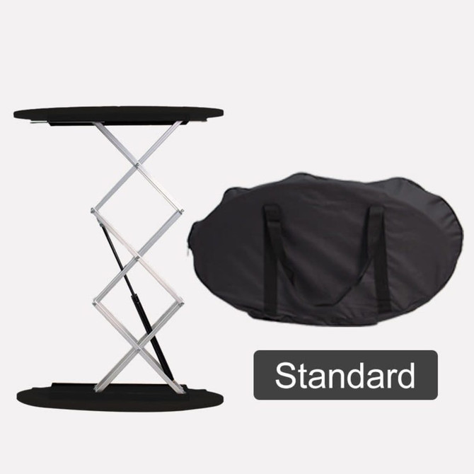 A black display counter with a collapsible frame and a carrying bag. The counter features a smooth top surface.