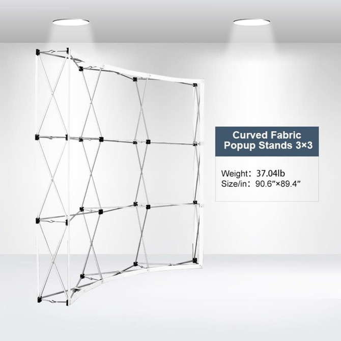 Curved fabric popup display stand in white, featuring a lightweight, collapsible frame with a prominent logo. Curved fabric popup display stand in white, featuring a lightweight, collapsible frame with a prominent logo.