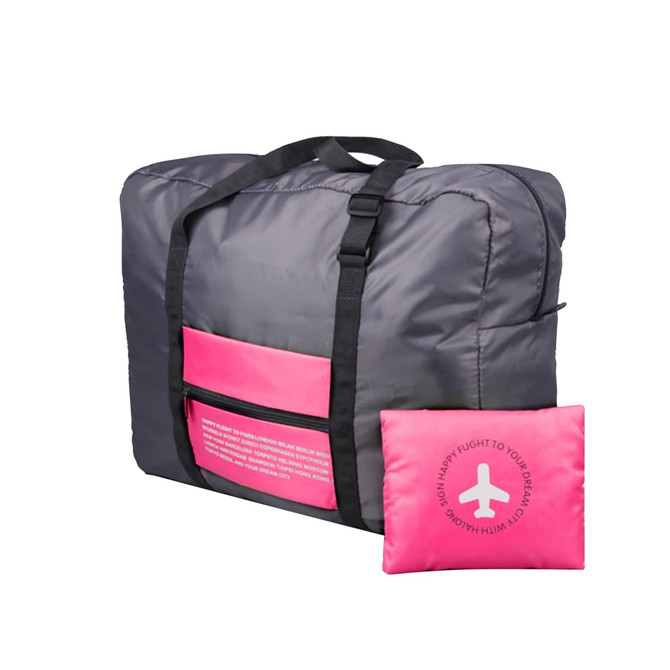 A grey travel bag with pink accents and a matching pink pouch. The bag features a front pocket and carry handles.
