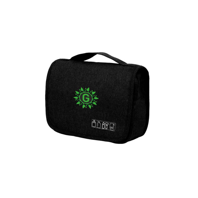 A black travel hanging toiletry bag with a handle and a logo, featuring various accessory icons.