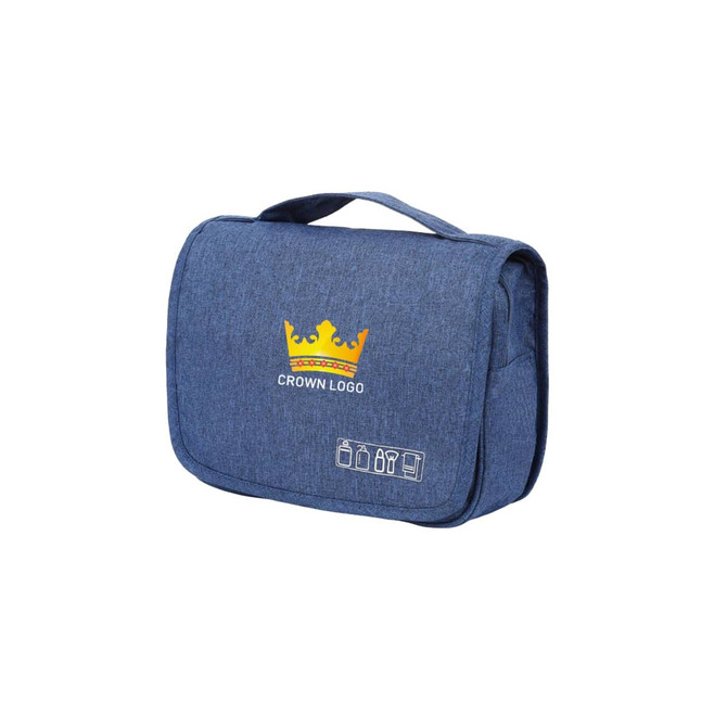 A blue hanging toiletry bag featuring a handle and a logo, designed for organising personal care items.