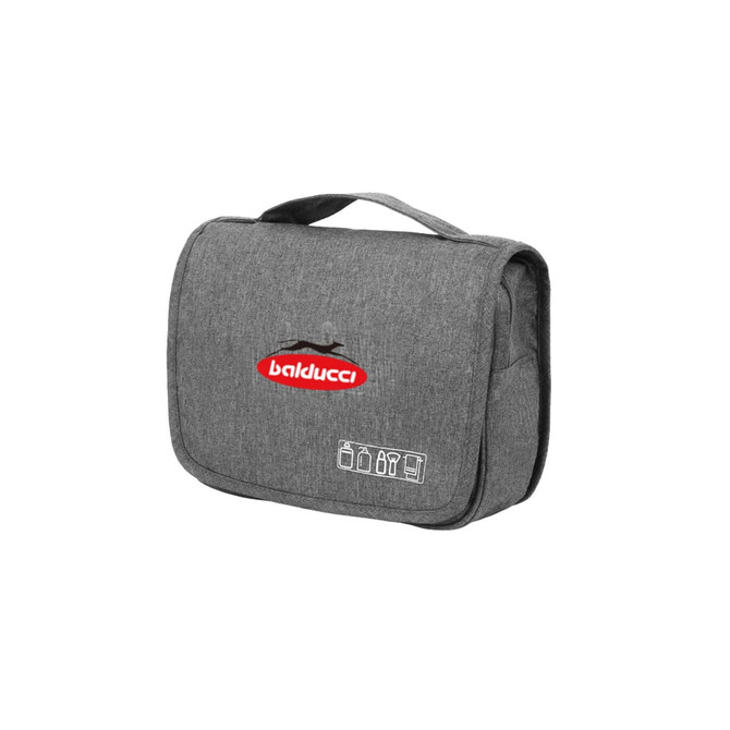 A grey travel hanging toiletry bag featuring a carry handle and a logo, designed for storage and organisation of toiletries.