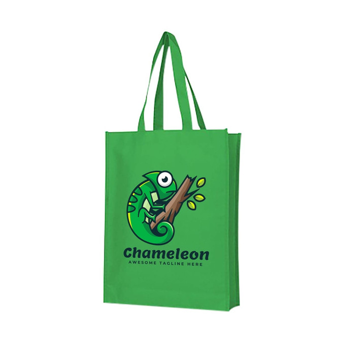 A green non-woven bag featuring a logo with a chameleon design on a branch. It has large gussets for added capacity.