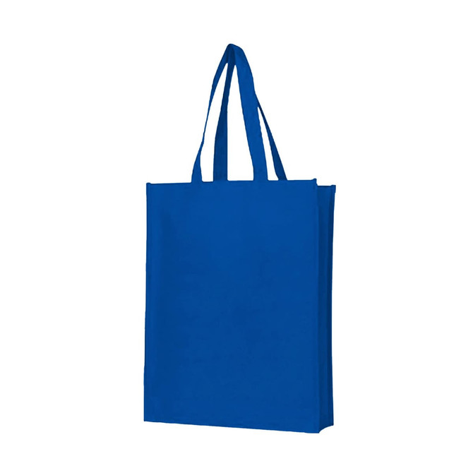 A blue non-woven bag with a large gusset and two handles. Includes a logo.