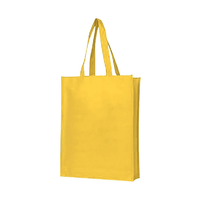 A yellow non-woven bag with a large gusset and two sturdy handles. It features a logo.