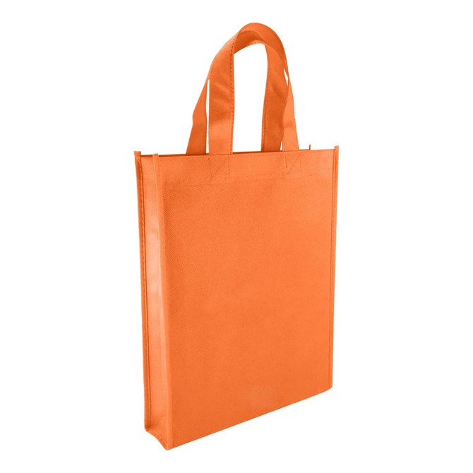 An orange non-woven trade show bag with two sturdy handles and a simple design.