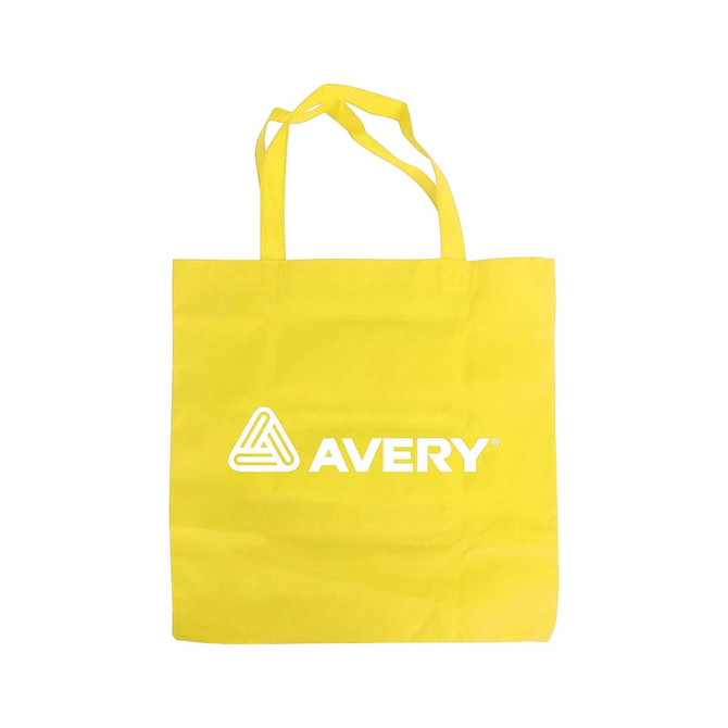 A yellow non-woven foldable bag featuring a logo on the front and two shoulder straps. A yellow non-woven foldable bag featuring a logo on the front and two shoulder straps.